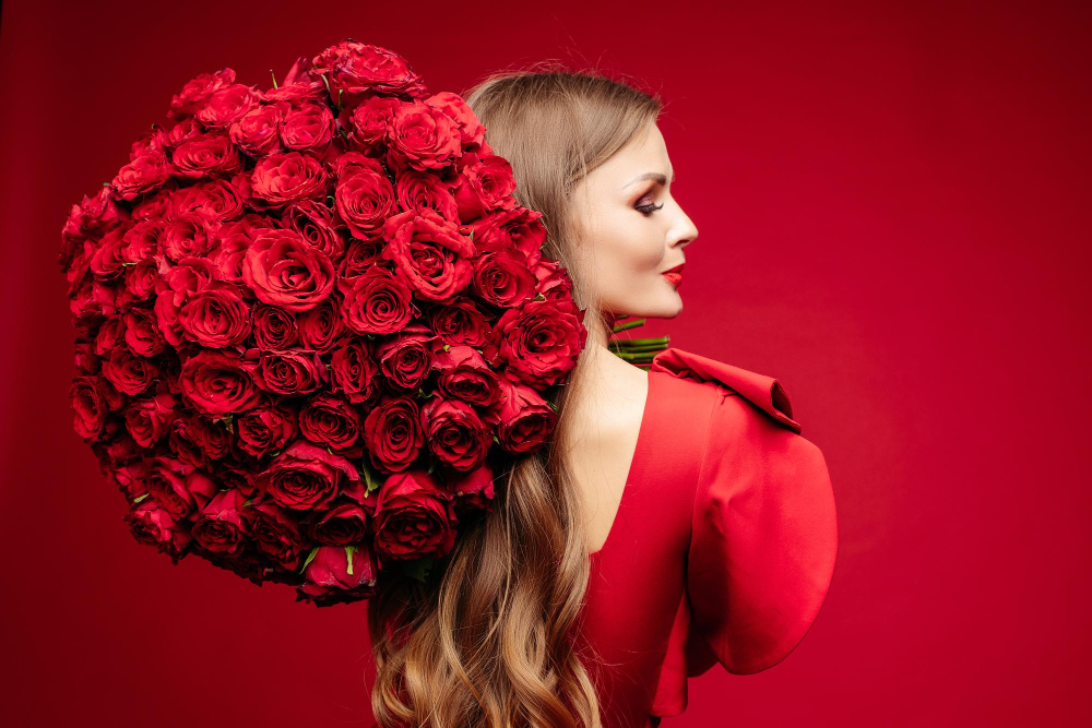shoulder-studio-portrait-gorgeous-young-brunette-with-bright-lips-red-dress-holding-big-bouquet-red-roses-smiling-camera-red-background-isolate-red